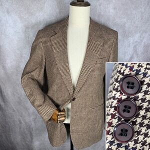 DAKS London Blazer Jacket Men 40L Brown Houndstooth Windowpane Sport Coat